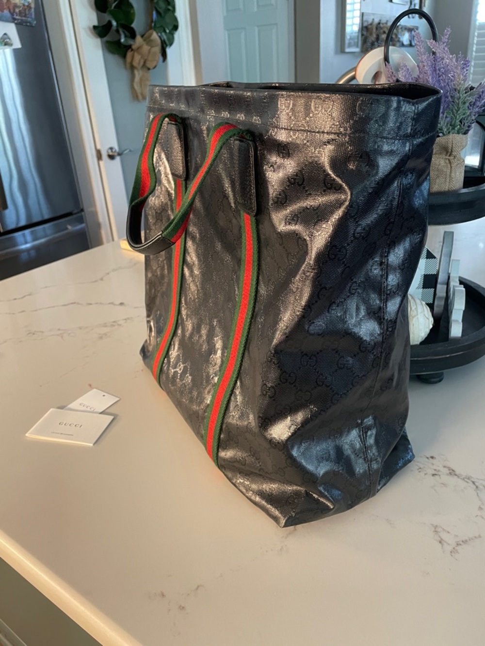 Gucci Black GG Crystal Canvas Tote with Green and Red Web Straps w/bag insert - Picture 2 of 4